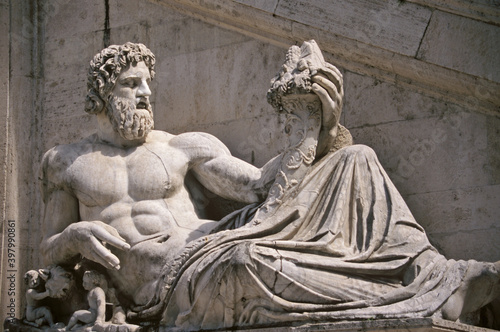 View of River Tiber god statue at Palazzo Senatorio in Rome, Italy