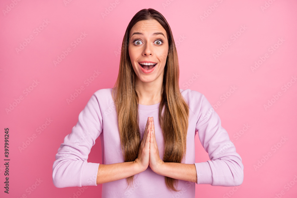 Close-up portrait of feminine girlish cheerful dreamy straight-haired girl asking favor isolated over pink pastel color background Close-up portrait of feminine girlish cheerful dreamy straight-haired girl asking favor isolated over pink pastel color background