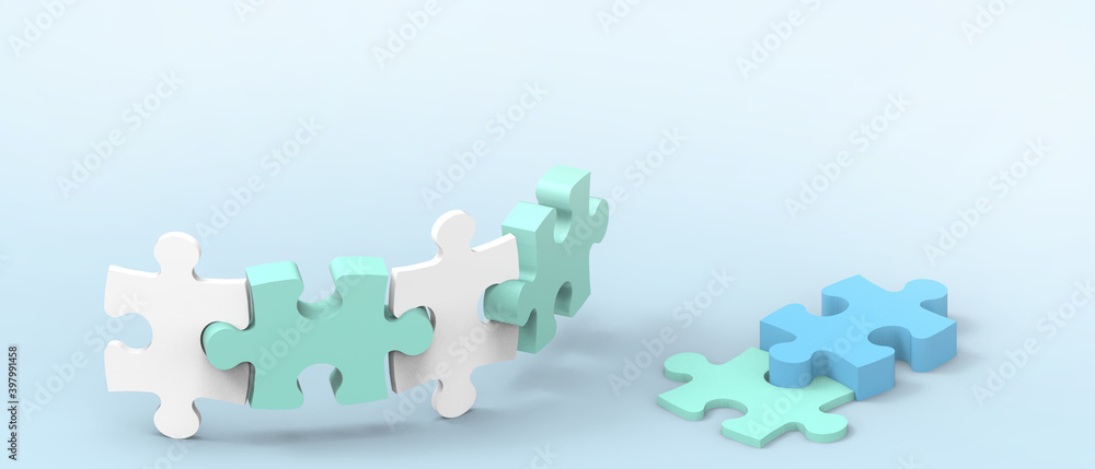 Close up Jigsaw Puzzle ideas teamwork Protect Creativity banner and business Concept on Green Background. Business strategy teamwork and problem solving concept- 3d rendering Close up Jigsaw Puzzle ideas teamwork Protect Creativity banner and business Concept on Green Background. Business strategy teamwork and problem solving concept- 3d rendering