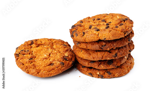 Stack of chocolate chip cookies isolated on white