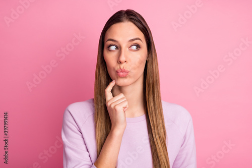 Close-up portrait of lovely smart clever straight-haired girl solving task issue pout lips isolated over pink pastel color background