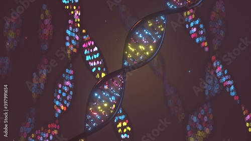 Colorful glowing DNA structure. Genetic engineering concept. 3D render
