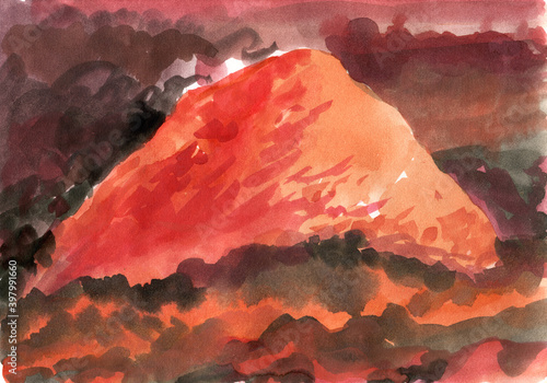 Fiery mountain, hot volcano, dark sky. Watercolor painting.