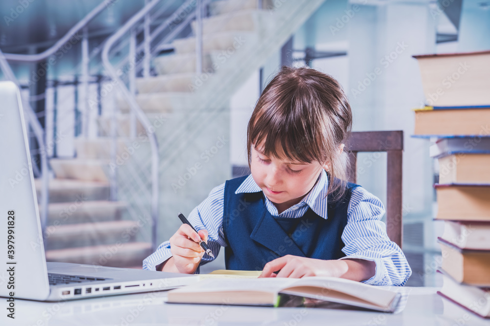 Young beautiful business child girl working with documents in office. Humorous image. Young beautiful business child girl working with documents in office. Humorous image.