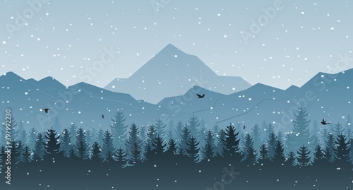 Winter landscape with tree and mountain for Christmas background