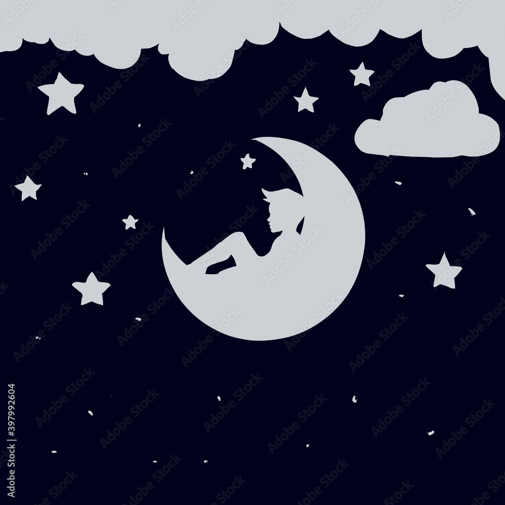 Obraz premium a little boy sit on the moon with stars and clouds on beautifull moon light .