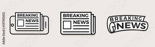 Newspaper linear style vector logo concept. Breaking news isolated icon set. Daily digital journal logotype for business and developing startup