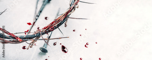 Fotografie, Obraz Christian crown of thorns with drops of blood, nails on grey background