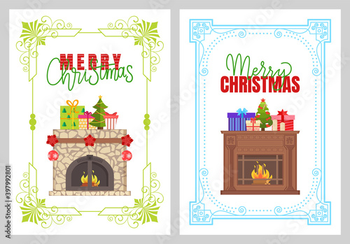Merry Christmas, stone fireplace with New Year traditional decorations vector in frame. Natural, rustic mantelpiece with burning logs in fire, presents