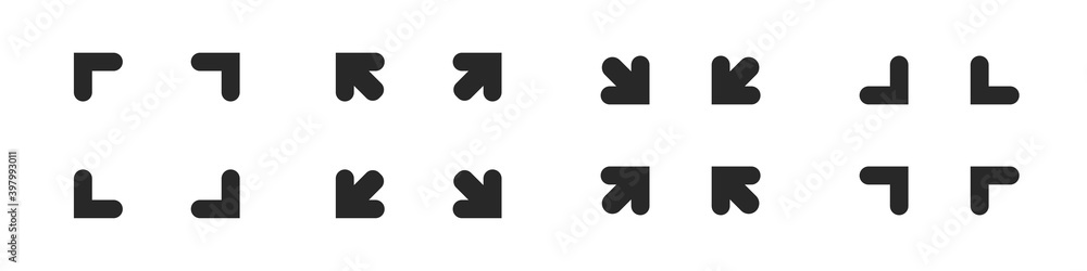 Full size screen icon vector widener symbol, maximize and minimize graphic arrows isolated interface illustration. Full size screen icon vector widener symbol, maximize and minimize graphic arrows isolated interface illustration.