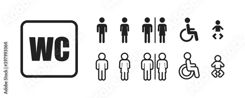 WC restroom toilet icon, man, woman, unisex, baby and wheelchair disabled human restroom isolated symbol collection.