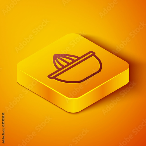 Isometric line Citrus fruit juicer icon isolated on orange background. Yellow square button. Vector.