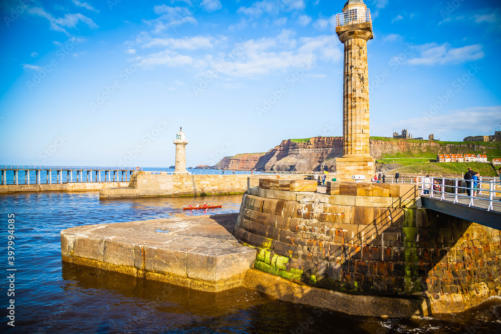 Pier and lighthouse of Whitby,  Yorkshire,  United Kingdom