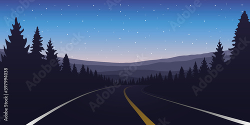 asphalt road in forest and mountains by night vector illustration EPS10