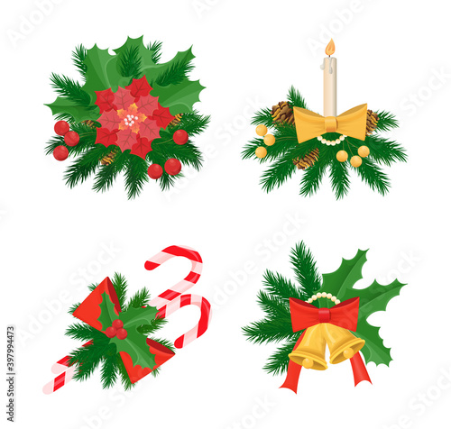Pine tree in circle wreath celebration holiday vector. Candy lollipop stick and mistletoe bells decorated with ribbon bows and candle with fire flame