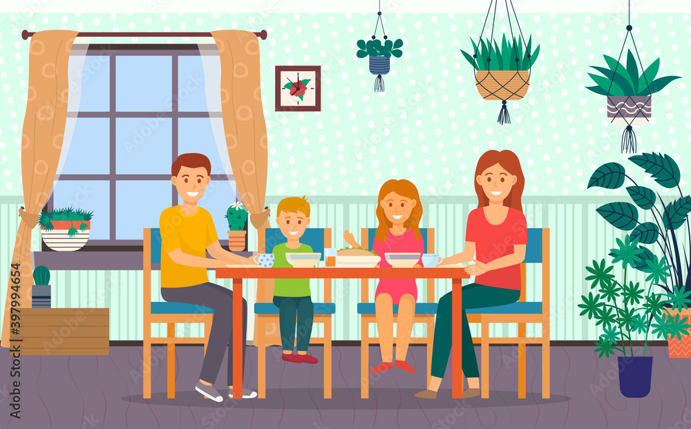 Happy family dining in kitchen at home. Family members smiling mother, father, son and daughter sitting together at the table and eating dinner in kitchen interior. Parents spend time with children Happy family dining in kitchen at home. Family members smiling mother, father, son and daughter sitting together at the table and eating dinner in kitchen interior. Parents spend time with children