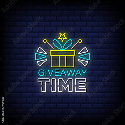Giveaway time neon sign style text with gift box icon