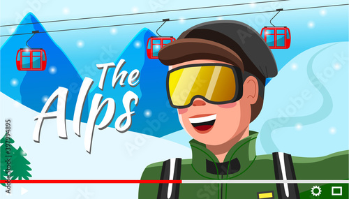 Traveler video blogger young man. Screensaver of video blog post about travel to Alps. Male character in warm clothes and ski mask in winter landscape telling about tourism, mountain hiking