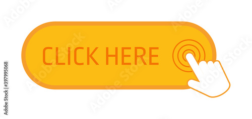 Vector click here button with hand pointer clicking on white