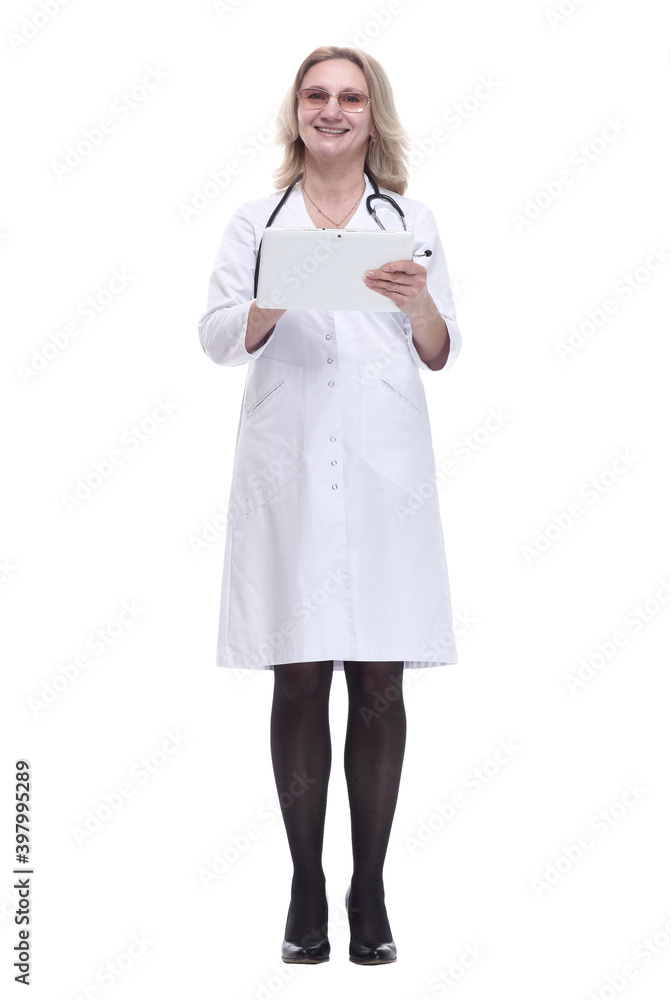 happy woman doctor with a digital tablet. isolated on a white happy woman doctor with a digital tablet. isolated on a white
