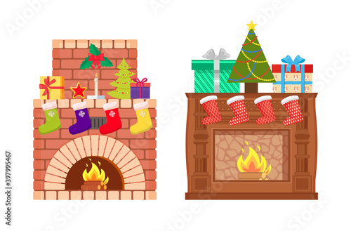 Brick and wooden fireplace with fire burning inside isolated vector icons. Decoration of home interior on Christmas, Santa stockings, fir-tree and socks