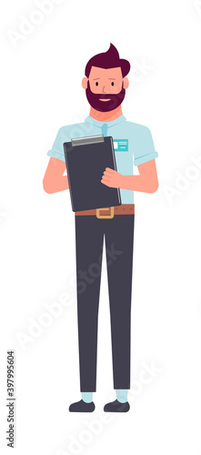 Driving school instructor man writing on clipboard isolated