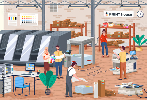Printing house different equipment. Printer plotter, offset cutting machines and people workers in print house. Industrial polygraphy isometric icons with man and woman picks a hue on color palette