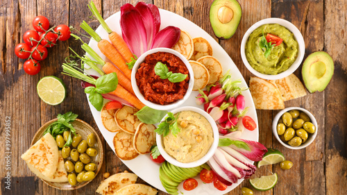 vegetable snacks plate, vegetables and dips- health food