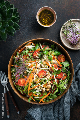 Winter Salad made with vegetables and sprouted chickpeas and buckwheat
