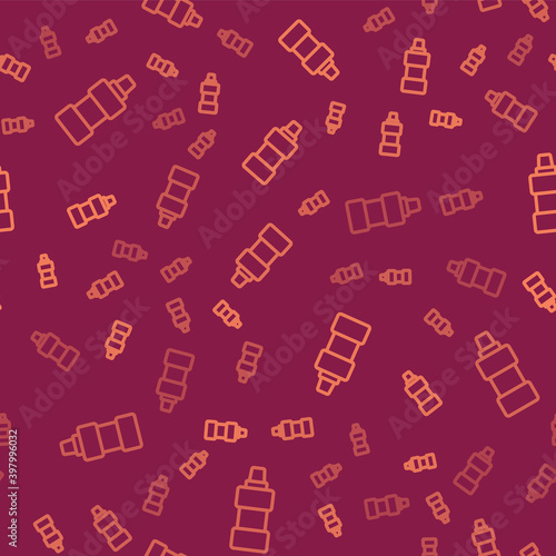 Brown line Plastic bottle for laundry detergent, bleach, dishwashing liquid or another cleaning agent icon isolated seamless pattern on red background. Vector.