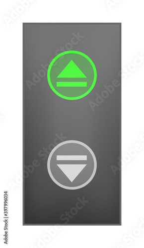Illuminated up arrow button on steel elevator panel isolated