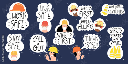 Collection of hand drawn lettering about health and safety on production and construction industries. Set of stickers-safety first, stay safe, live safe, think twice. Safety first quotes and concepts