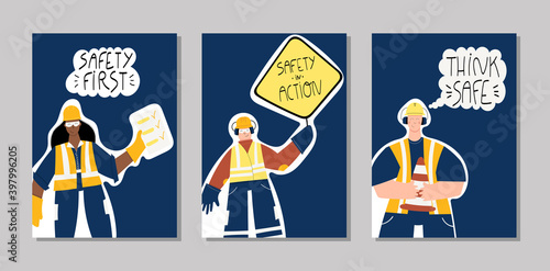 Collection of hand drawn posters with lettering about health and safety on production and construction industries. Set of posters - safety first, stay safe, live safe, think twice. Safety first quotes