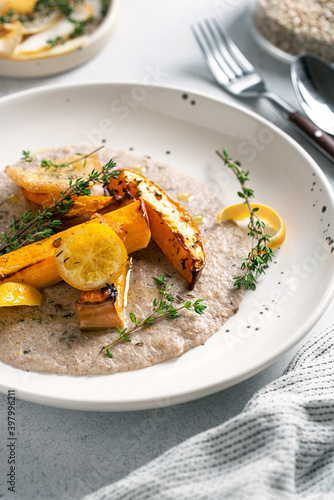 Buckwheat polenta with roasted organic pumpkin, fried lemons