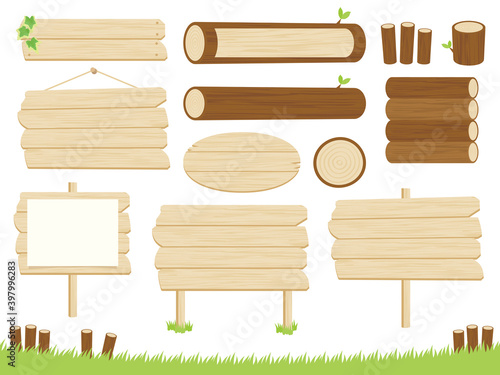 木の看板と丸太のフレームセット-Wooden sign and log frameset