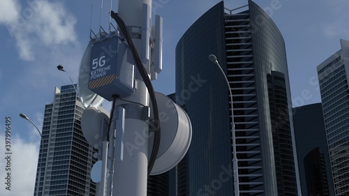 5G tower in metropolitan city, high-speed Internet connection, mobile network. 3d illustration. Latest technology in telecommunications