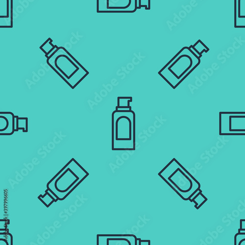 Black line Spray can for hairspray, deodorant, antiperspirant icon isolated seamless pattern on green background. Vector.