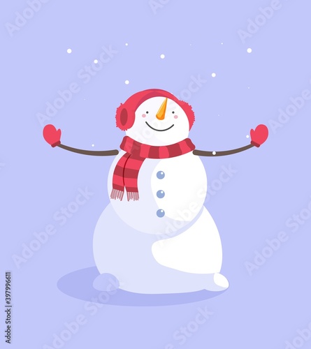 Snowman in earmuffs and scarf enjoying snowfall isolated