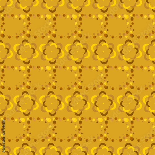 Fortuna gold geometric pattern of small and large circles and bubbles. Fortuna gold background with yellow, brown flower