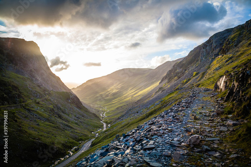 Sunset at Honister Pass in the Lake district,  Cumbria,  United Kingdom photo