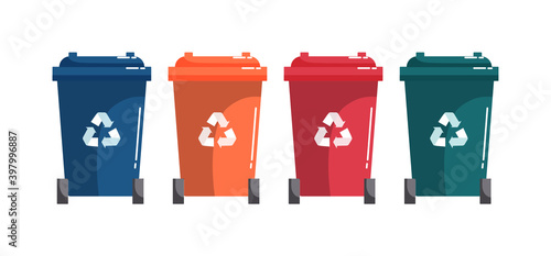 Colored sorting recycling garbage wheel bins on white