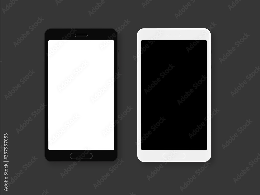 Realistic black and white smartphone on dark grey background. 3d mockup mobile phone with shadow. Vector Realistic black and white smartphone on dark grey background. 3d mockup mobile phone with shadow. Vector