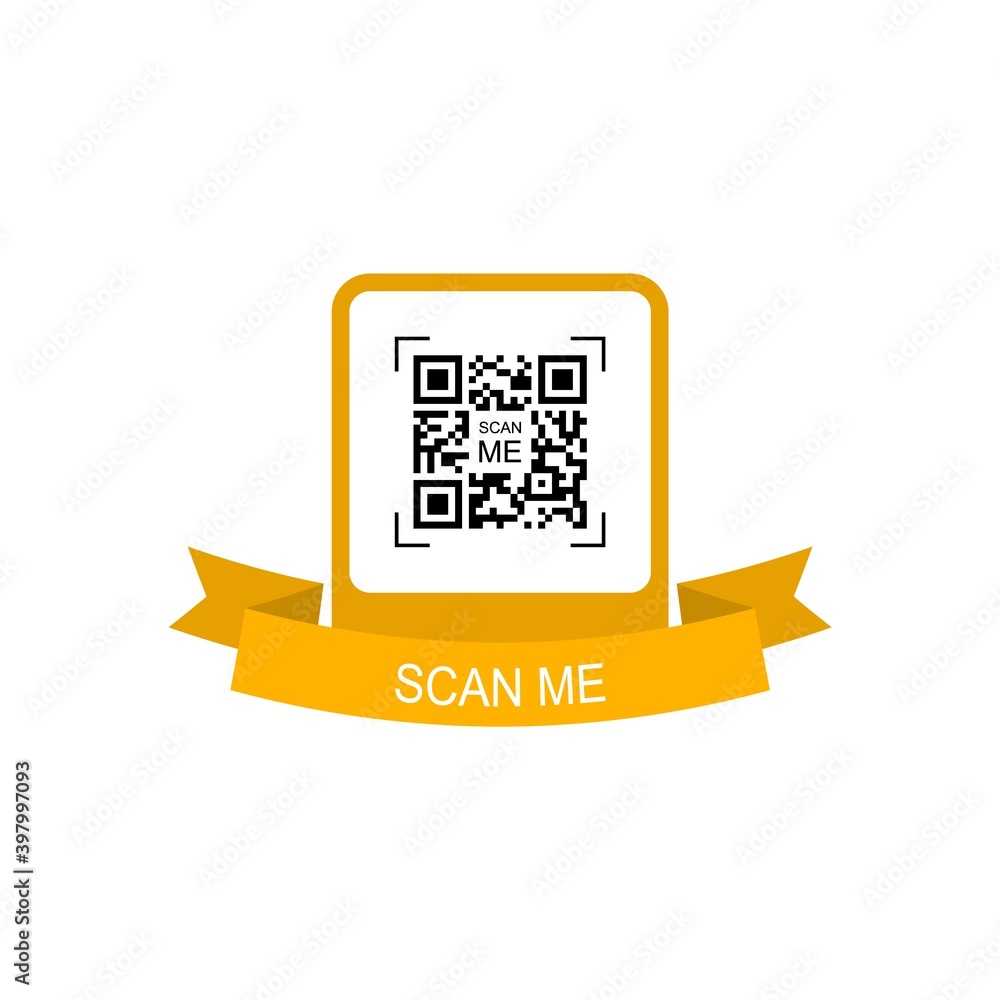 Yellow frame with ribbon for qr code. Creative concept qr code. Scan me. Vector