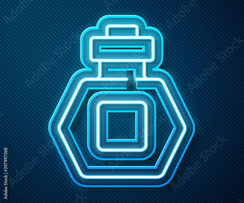 Glowing neon line Perfume icon isolated on blue background. Vector.