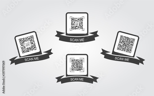 Collection creative concept qr code icon. Scan me. Frame with ribbon for qr code. Vector