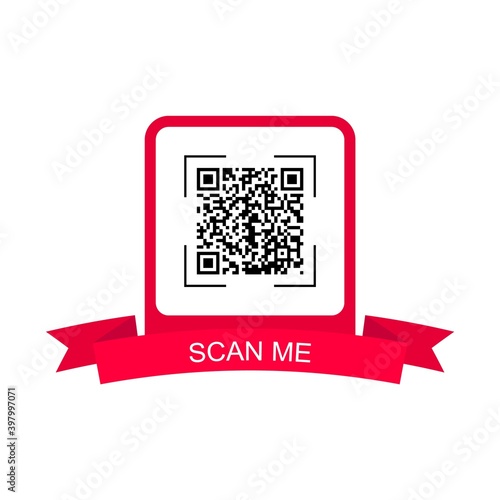 Red frame with ribbon for qr code. Creative concept qr code. Scan me. Vector