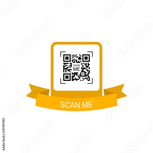Yellow frame with ribbon for qr code. Creative concept qr code. Scan me. Vector
