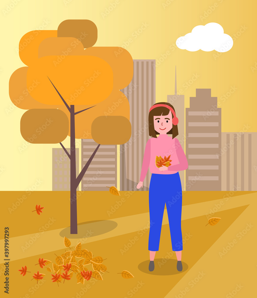 Woman enjoying with falling leaves. Autumn scenery and activity. Girl stands near the tree. Female character in warm clothes picking colorful leaves. A person on the background of cityscape