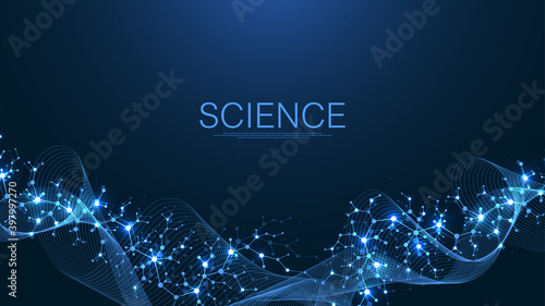 Molecular abstract structure and genetic engineering, healthcare and medicine background. Scientific research background. Wave flow, innovation pattern. Vector illustration.