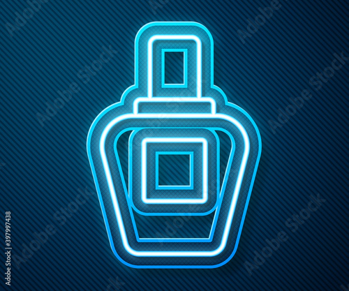 Glowing neon line Perfume icon isolated on blue background. Vector.